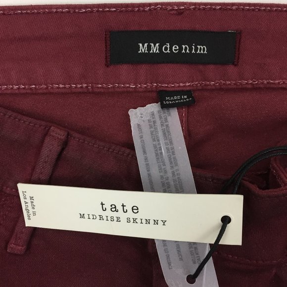 NWT MM DENIM Dark Red Glittery TATE Mid-Rise Logo Hardware Slim Fit Skinny Jeans - Picture 2 of 9
